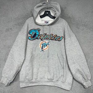VTG Majestic Miami Dolphins Hoodie Men's Sz L Gray Pullover Sweatshirt NFL